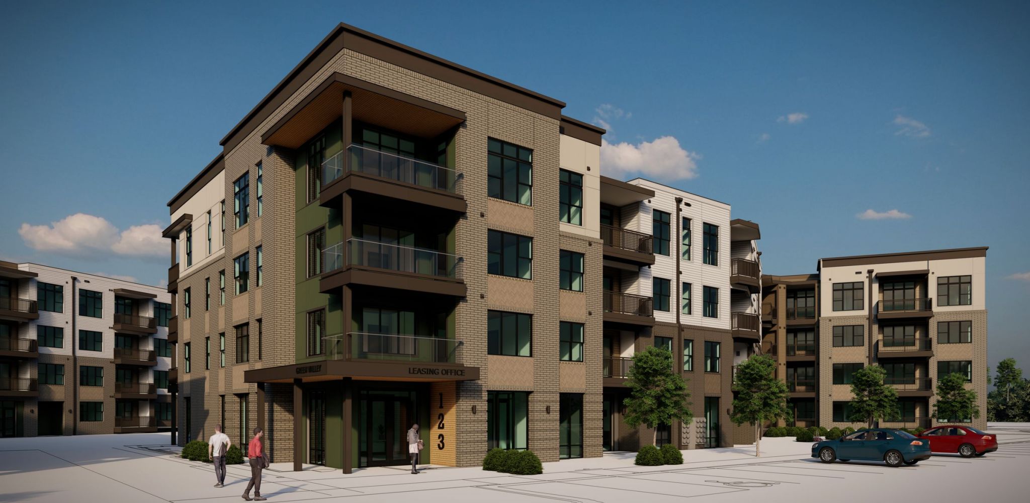 Hawthorne at Green Valley apartment bedroom with wood flooring, bedside tables, and bed